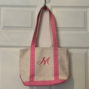 L.L. Bean small pink/cream boat and tote bag monogrammed with initial “M”.